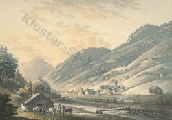 Johann Baptist Isenring 1825 gezeichnete Ansicht von Alt St Johann mit dem ehemaligen Klosterbezirk