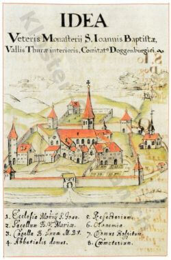 Idealisierte Ansicht des alten Klosters von St. Johannes der Täufer im Thurtal des Toggenburgs nach Pater Gregor Schnyder 1696